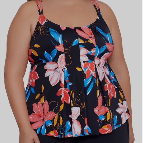 Swim Solutions Plus Size Floral-Print Pleated Tankini Top Black 24W NWT - Picture 1 of 3